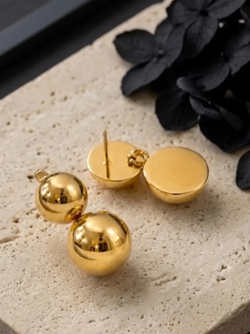 18K Gold Plated Double Ball Drop Stud Earrings Sculptural Old Money 0.8